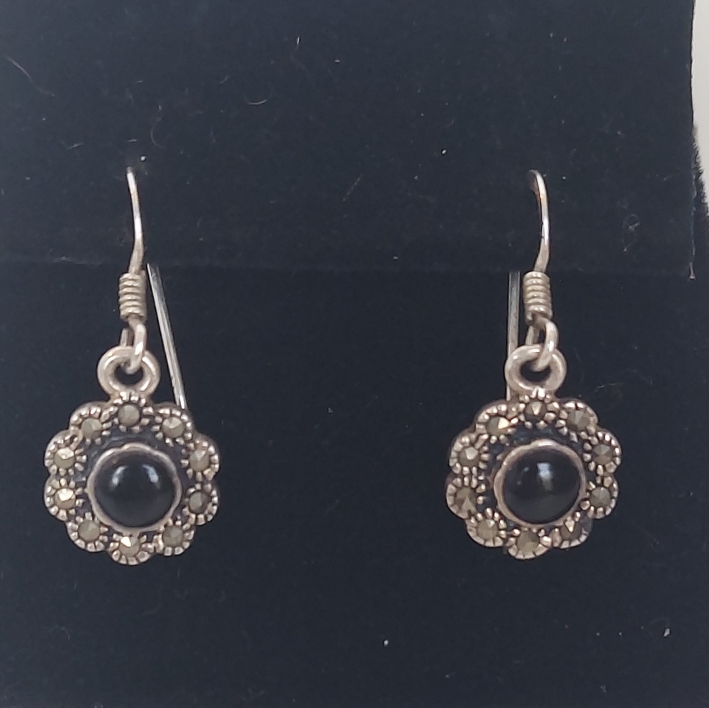 Black Onyx & Marcasites Silver Vintage Dangle Earrings